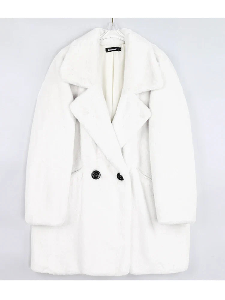 Winter Warm White Faux Fur Coat Women Long Sleeve Lapel Double Breasted Luxury Elegant Fluffy Fake Rabbit Fur Blazers White
