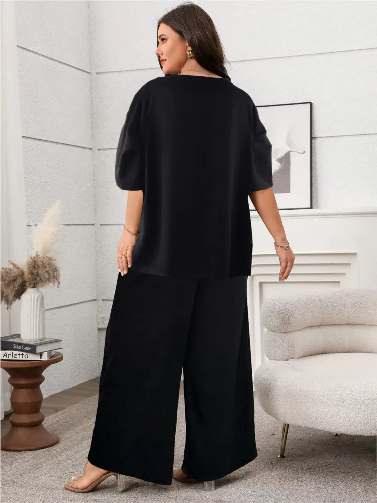 Plus Size Summer 2 Two Piece Set Women Pleated Short Sleeve Modis Casual Ladies Blouses Loose Wide Leg Elastic Waist Woman Pant
