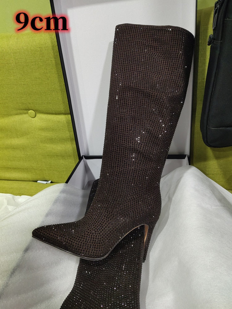 Women's New European and American Fashion Show Starry Sky High-heeled Rhinestone Pointed Nightclub Four Seasons Boots Black 9cm