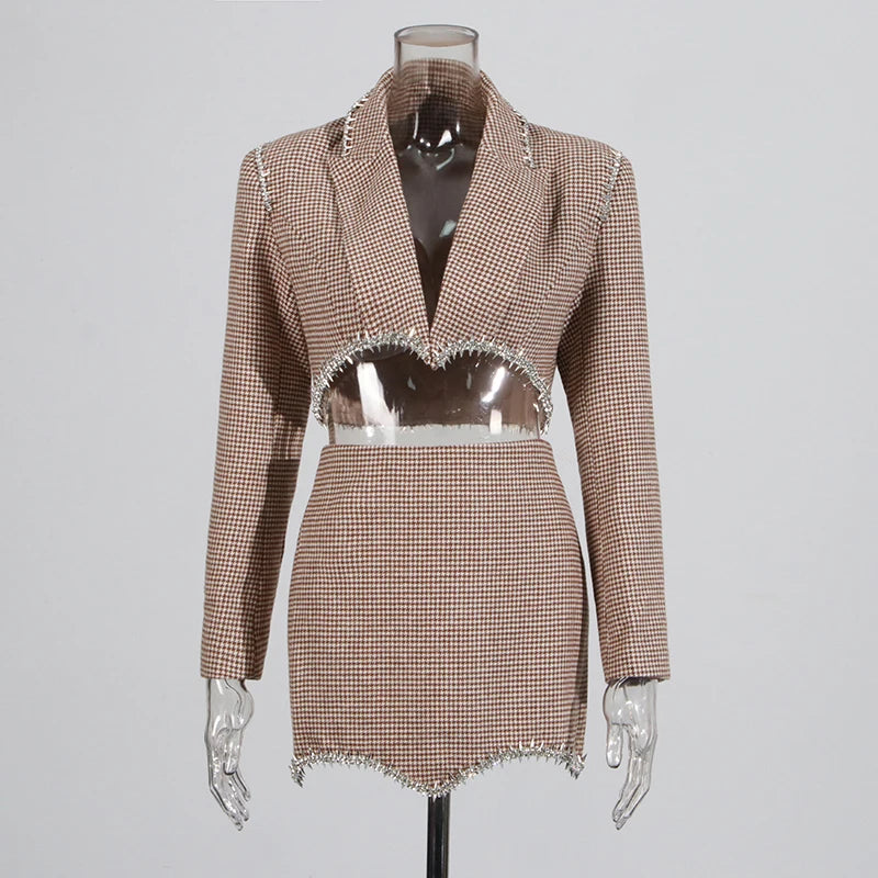 Solid Two Piece Set For Women Notched Collar Long Sleeve Spliced Diamond Blazer High Waist Skirt Casual Set Female KHAKI