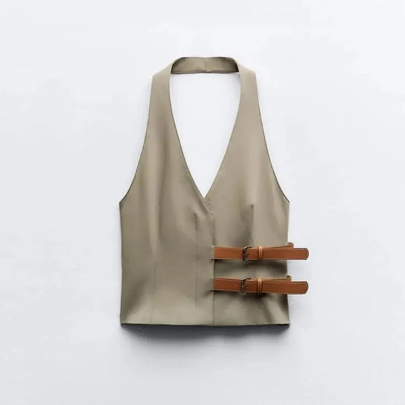 Fashion Leather Belts V-neck Halter Vest Women Elegant Sleeveless Backless Female Tanks Y2k Spring Summer Lady Waistcoat khaki
