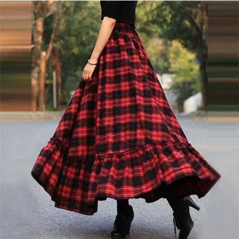 Fashion Loose Shirring Bandage Spliced Ruffles Plaid Skirts Women's Clothing Spring New Oversized All-match Long Skirts Red
