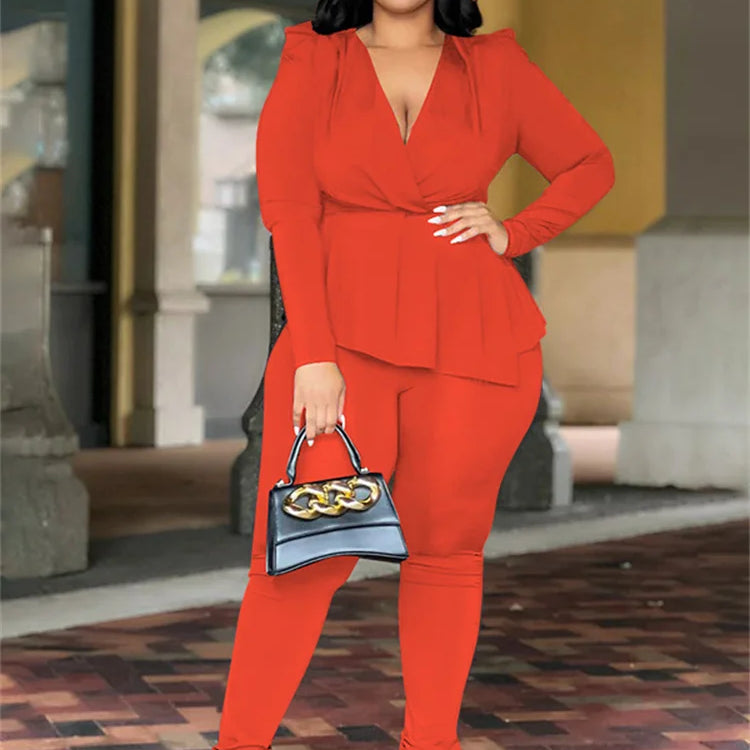 Wmstar Plus Size Two Piece Set Women Clothing Pants Sets Top Leggings Matching Office Lady Fall Clothes Wholesale Dropshipping Orange