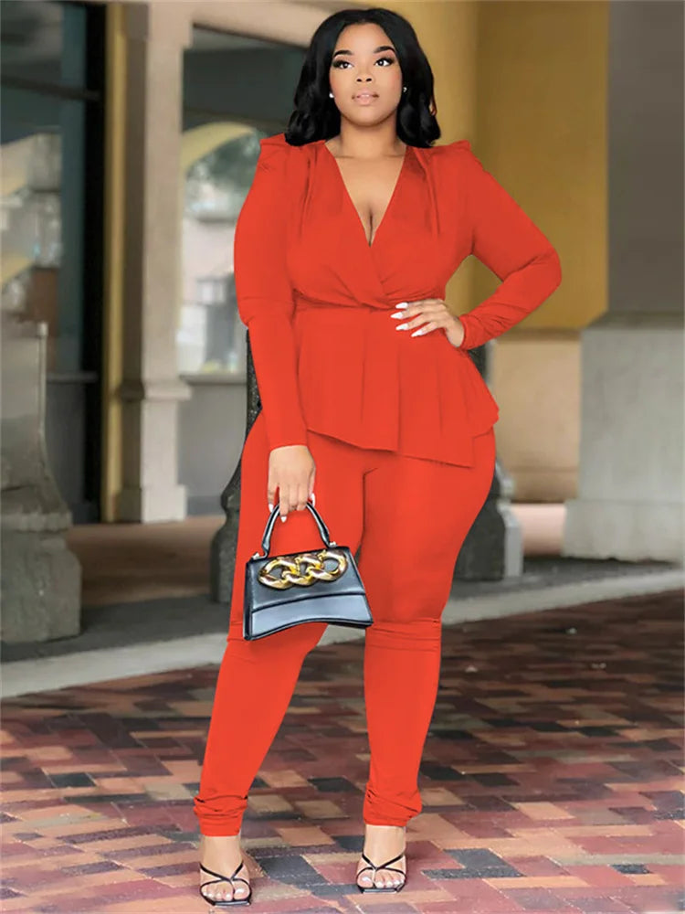 Wmstar Plus Size Two Piece Set Women Clothing Pants Sets Top Leggings Matching Office Lady Fall Clothes Wholesale Dropshipping Orange