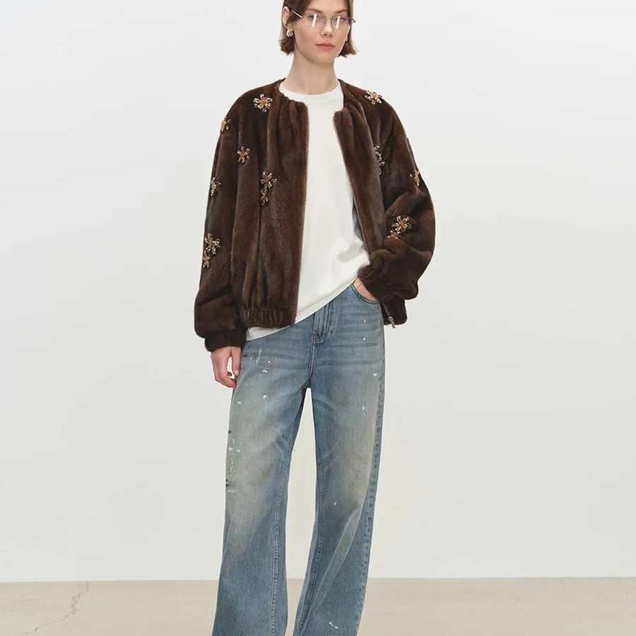 Lautaro Winter Luxury Elegant Thick Warm Soft Brown Short Faux Mink Fur Coat Women Beading Loose Stylish Chic Fluffy Jacket
