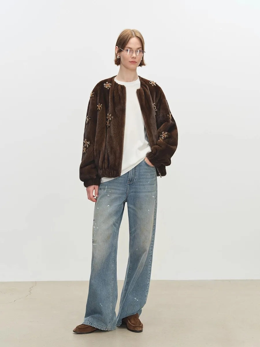 Lautaro Winter Luxury Elegant Thick Warm Soft Brown Short Faux Mink Fur Coat Women Beading Loose Stylish Chic Fluffy Jacket
