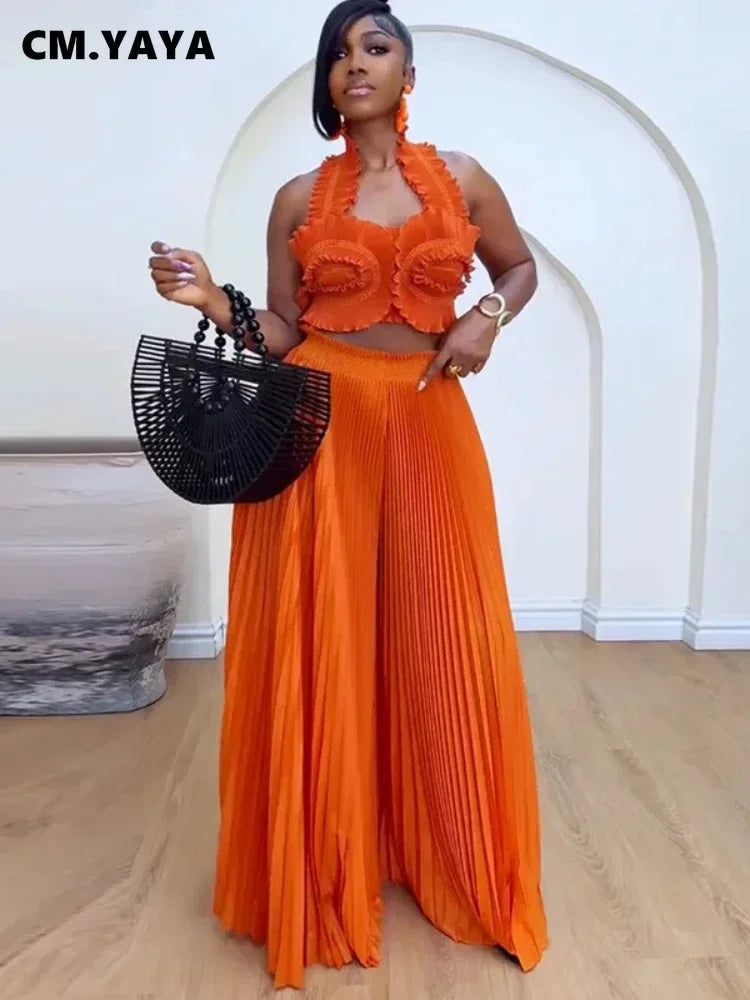 CM.YAYA Streetwear Women's Set Sleeveless Halter Crop Pleated Top+Wide Leg Pants Elegant 2024 Fall Party Two 2-Piece Set Outfits