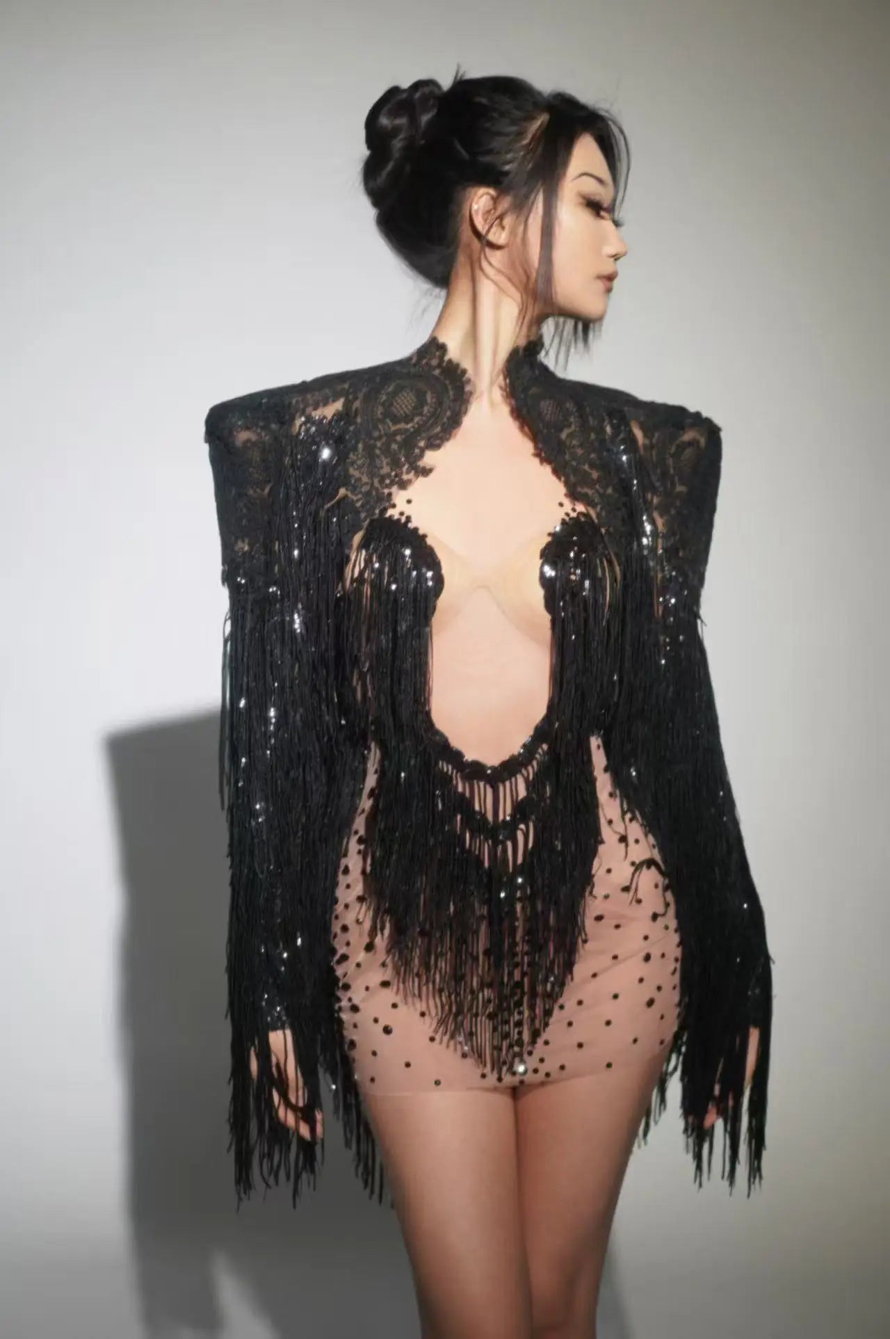 2025Sparkly Rhinestone Sequin Tassel Coat And Skirt 2Pcs Women Birthday Party Nightclub Dj Stage Performance Costume black