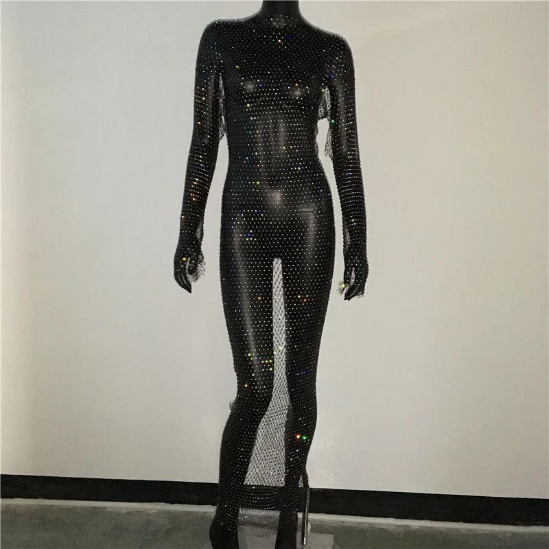 Y2K Sexy Shiny Rhinestones Grid Fishnet Dress Long Sleeve Hollow Out Side Slit Dress Beach Cover Up Breathable Lady Vestidos Black Normal One Size