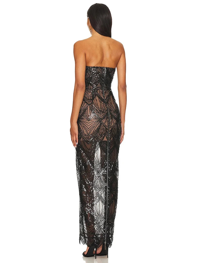 Luxury Sequins Beaded Party Dress Sexy Strapless Glitter Patchwork Mesh Sleeveless Evening Party Club Dress Vestido