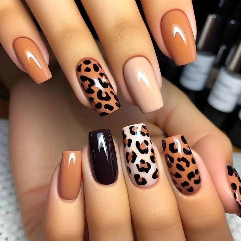 24Pcs Fashion Fake Nails Press on Long Ballet False Nails Art with Flower Design Brown Detachable Full Cover Nail Tips Manicure 1853