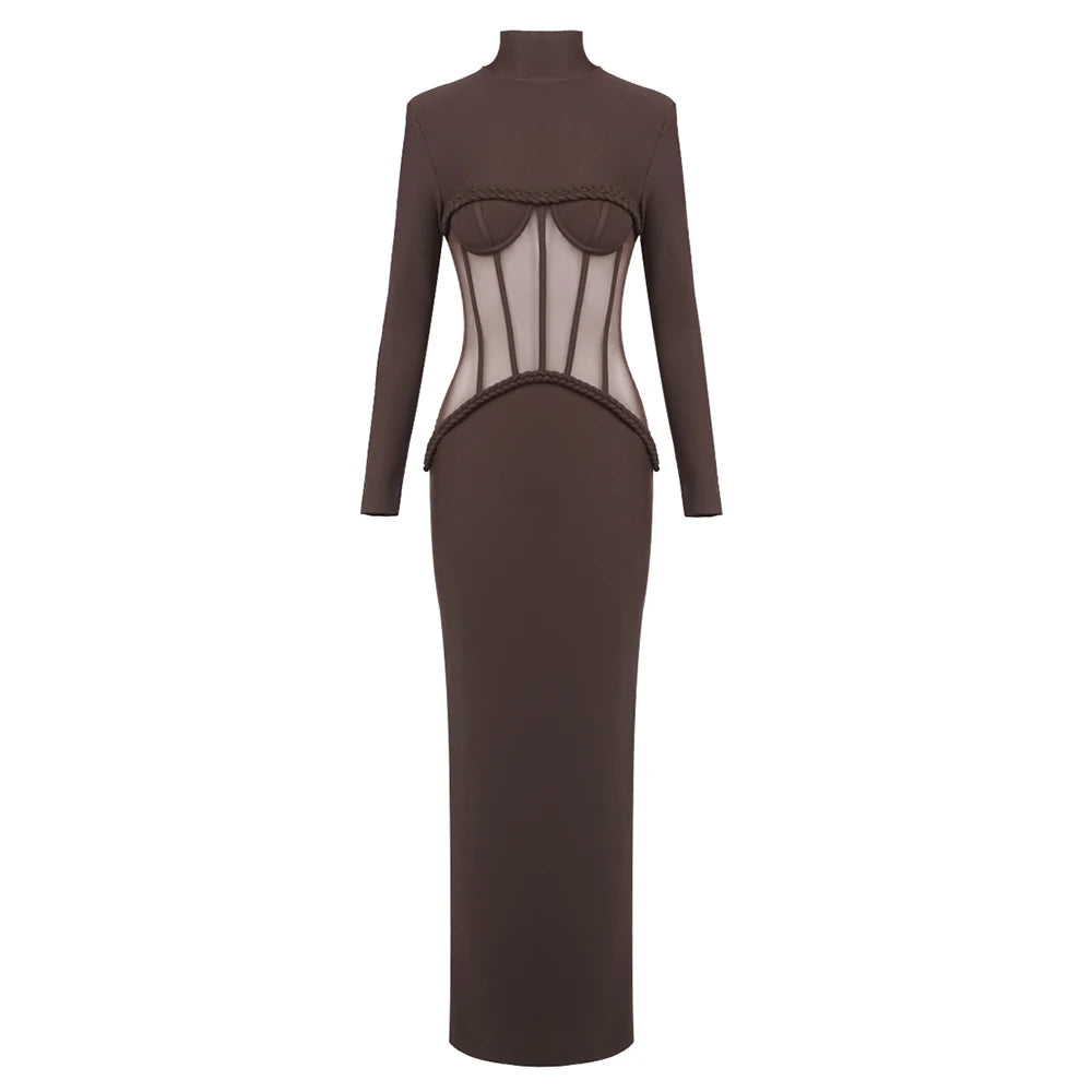 Sophisticated Brown High-Neck Long Sleeves Dress with Sheer Mesh Corset Accent for Party Evening Gown Brown