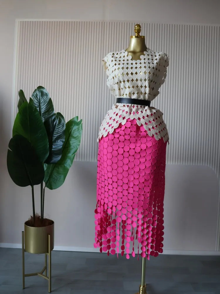 CM.YAYA Women Cutout O-neck Crop Top and Bodycon Midi Slim Maxi Long Skirt Suit 2025 Summer Vacation Sexy Two 2Piece Set Outfits