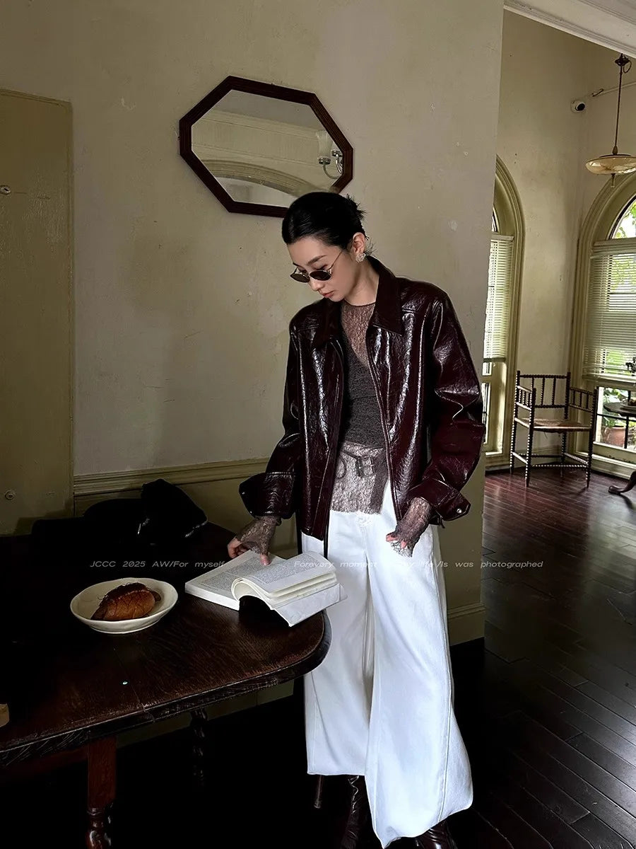 Lautaro Spring Autumn Short Pu Leather Jacket Women Zippper Turn-Down Collar High Quality Luxury Designer American Retro Clothes