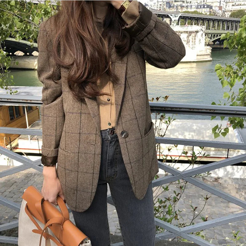 Spring Autumn Summer Plaid Blazer Women Jacket 2023 New Korean Style Slim Long Sleeve Casual Fashion Business Suit Coats Woman