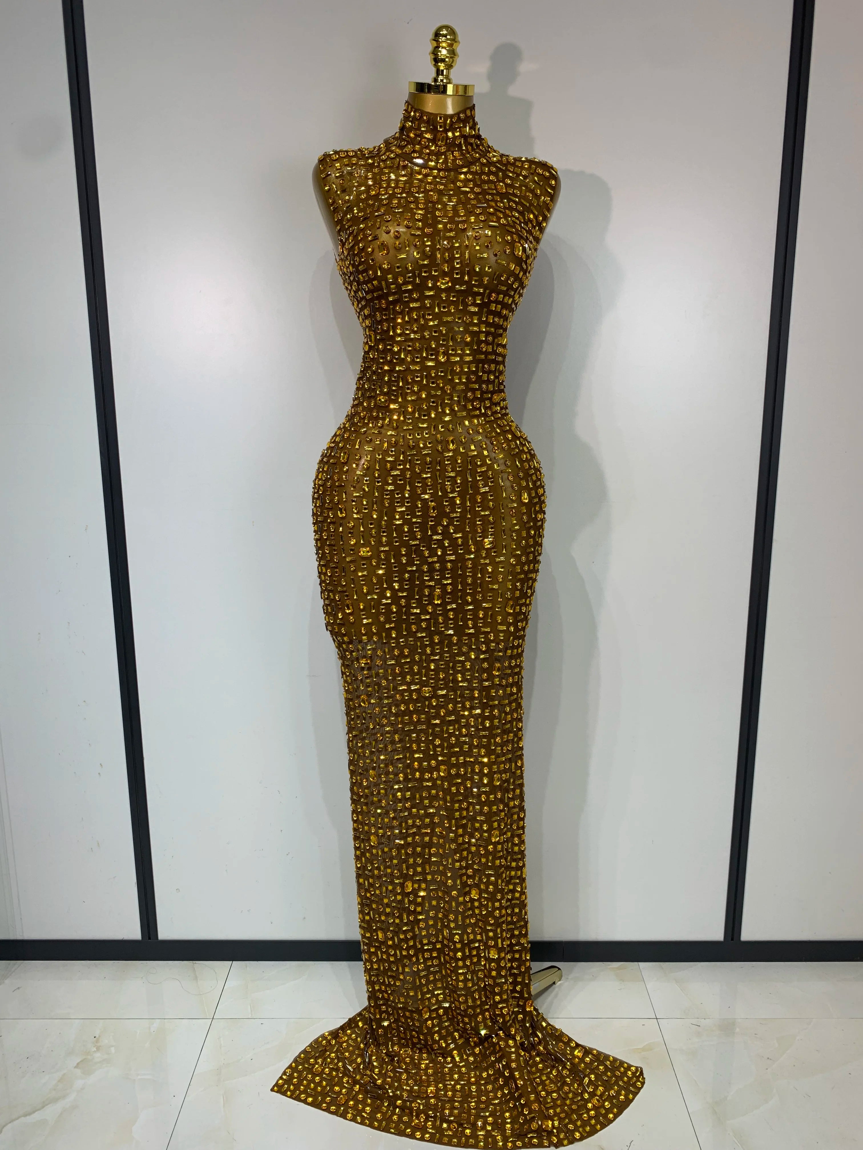 Sparkly Rhinestone Sleeveless Stretch Long Dress Women Sexy Mesh Celebrate Evening Prom Luxury Birthday Dress Evening Party Wear Gold