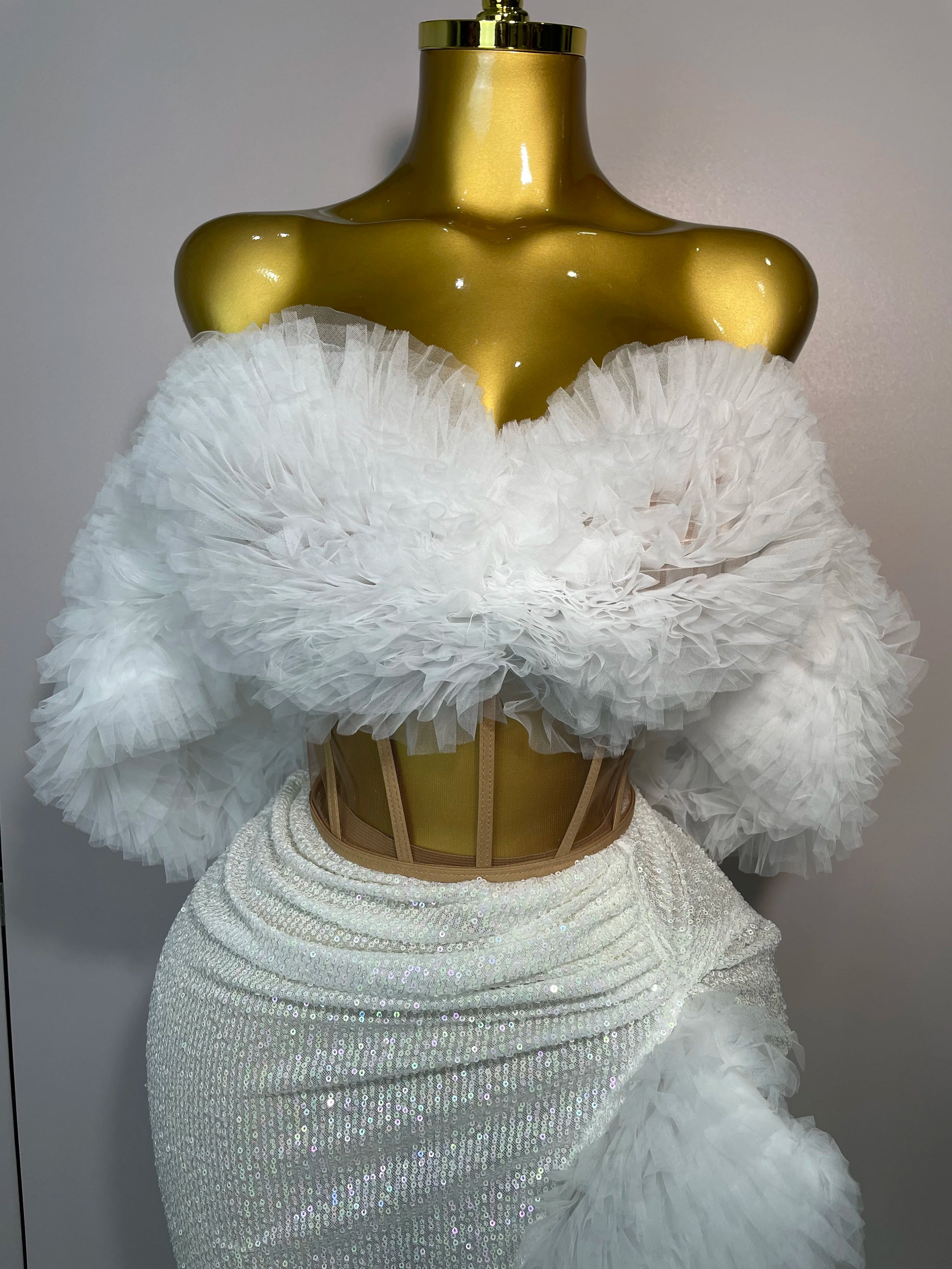 2025 Women White Sequins Top Short Skirt Two Pieces Set Sexy Celebrate Evening Prom Birthday Dress Nightclub Stage Outfit