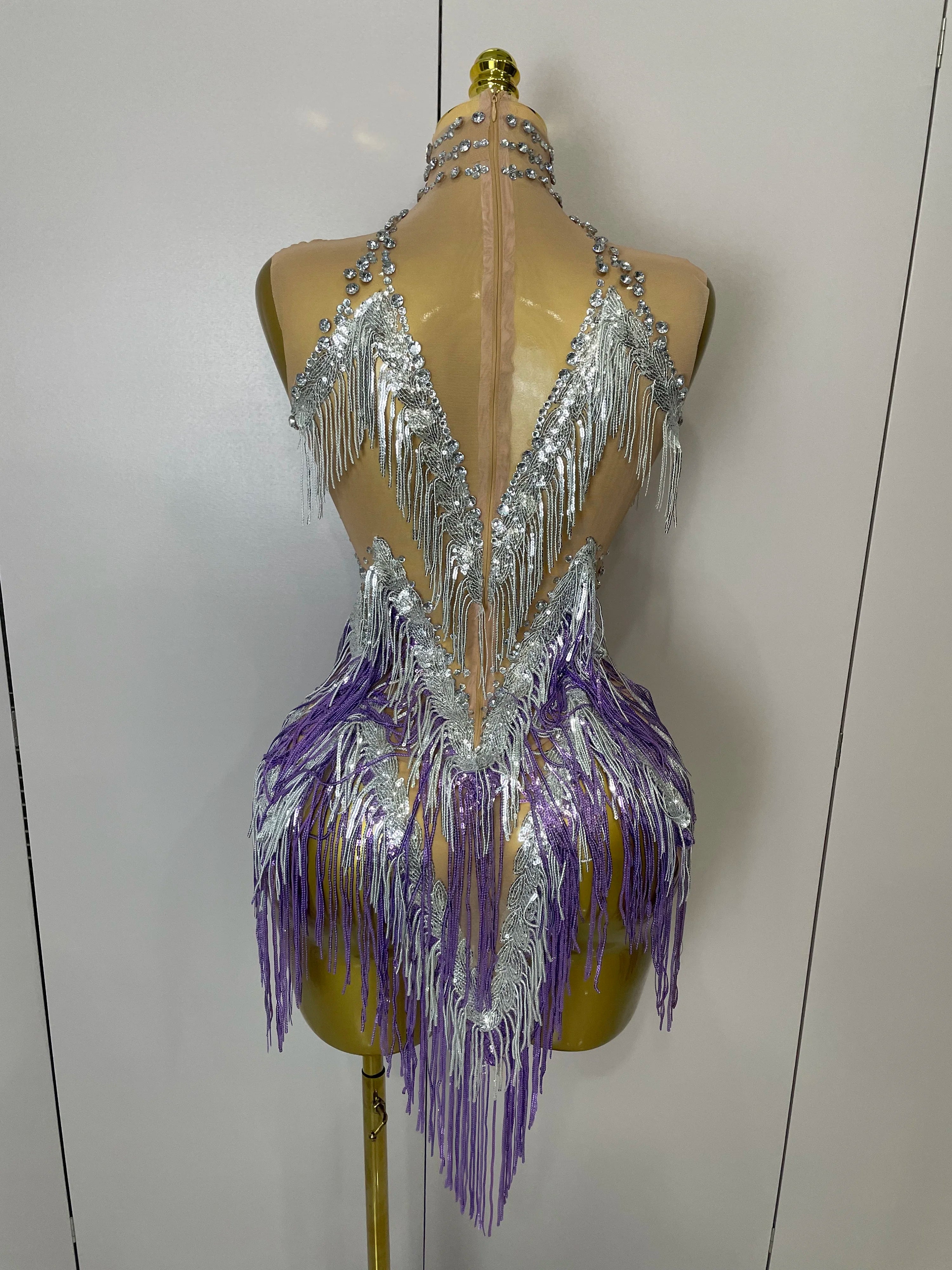 Stock 2025 Women Sexy Stretch Mesh Sparkly Rhinestone Tassels Mini Dress Nightclub Singer Dance Stage Costume Evening Gowns