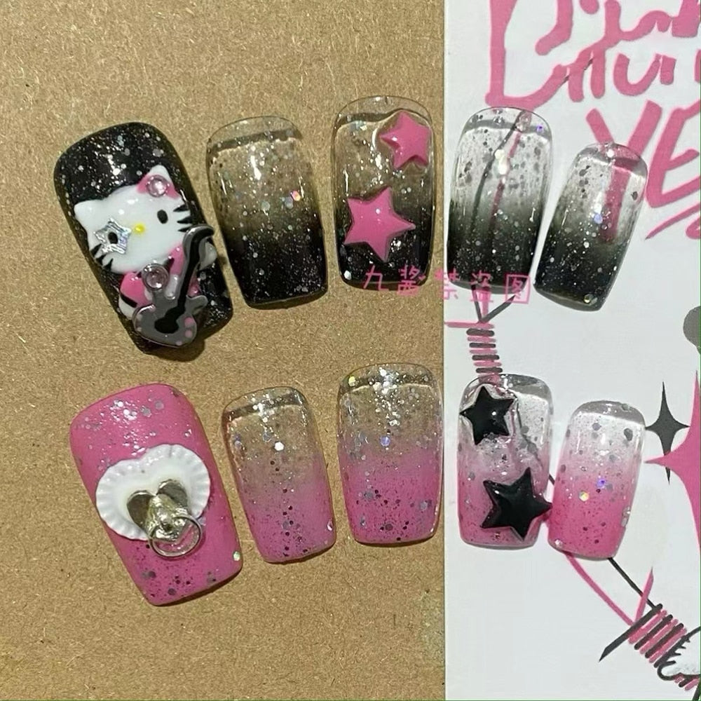 Été plage voyage vacances Hello Kitty conque ongles fille bleu jeunesse travail manuel personnalisable faux ongles fille soeur cadeau