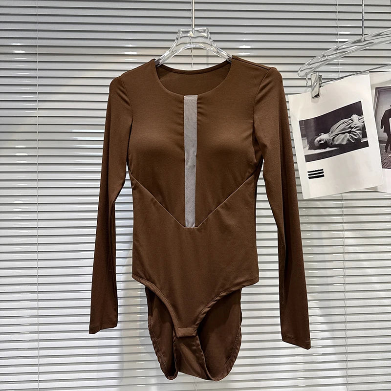 Winter New Fashion New Style Contrast Color Chest Pad Base Shirt Slim Fit Jumpsuit For Women T-Shirt Female 11A07662 Brown