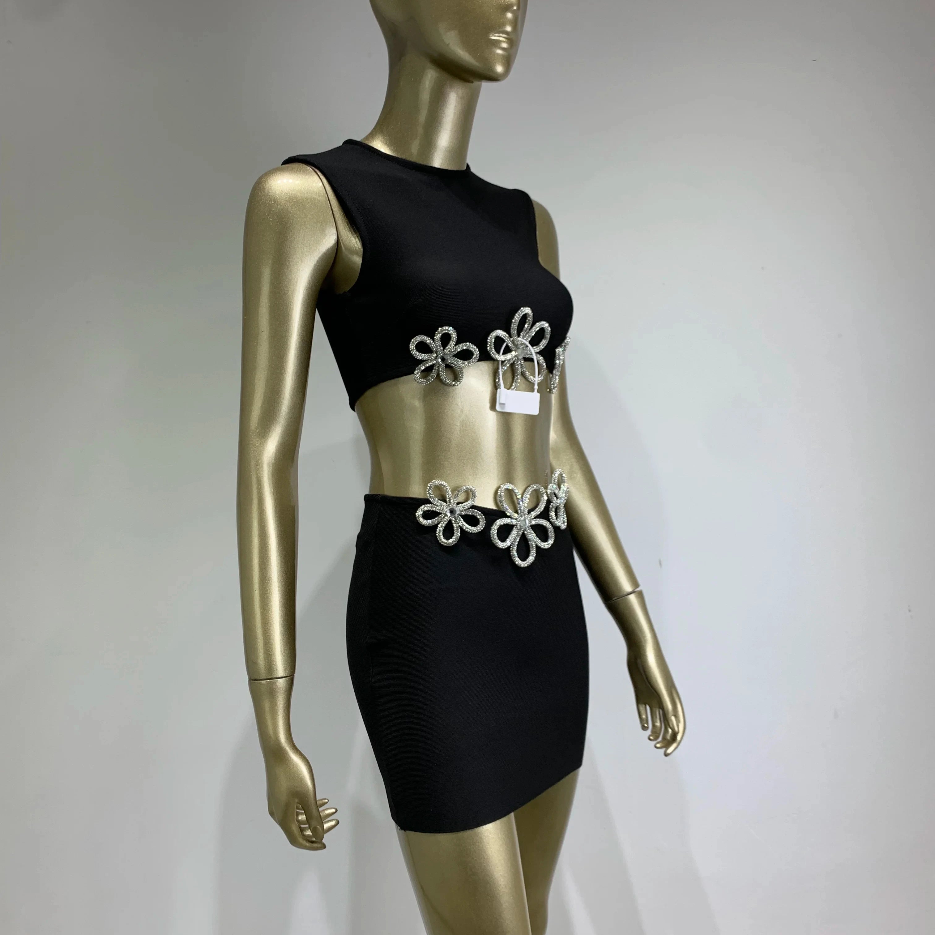 New Women Summer Celebrity Sexy Crytal Black Mini Bandage Skirt Suit Knitted Elegant Evening Club Party Two Pieces Set