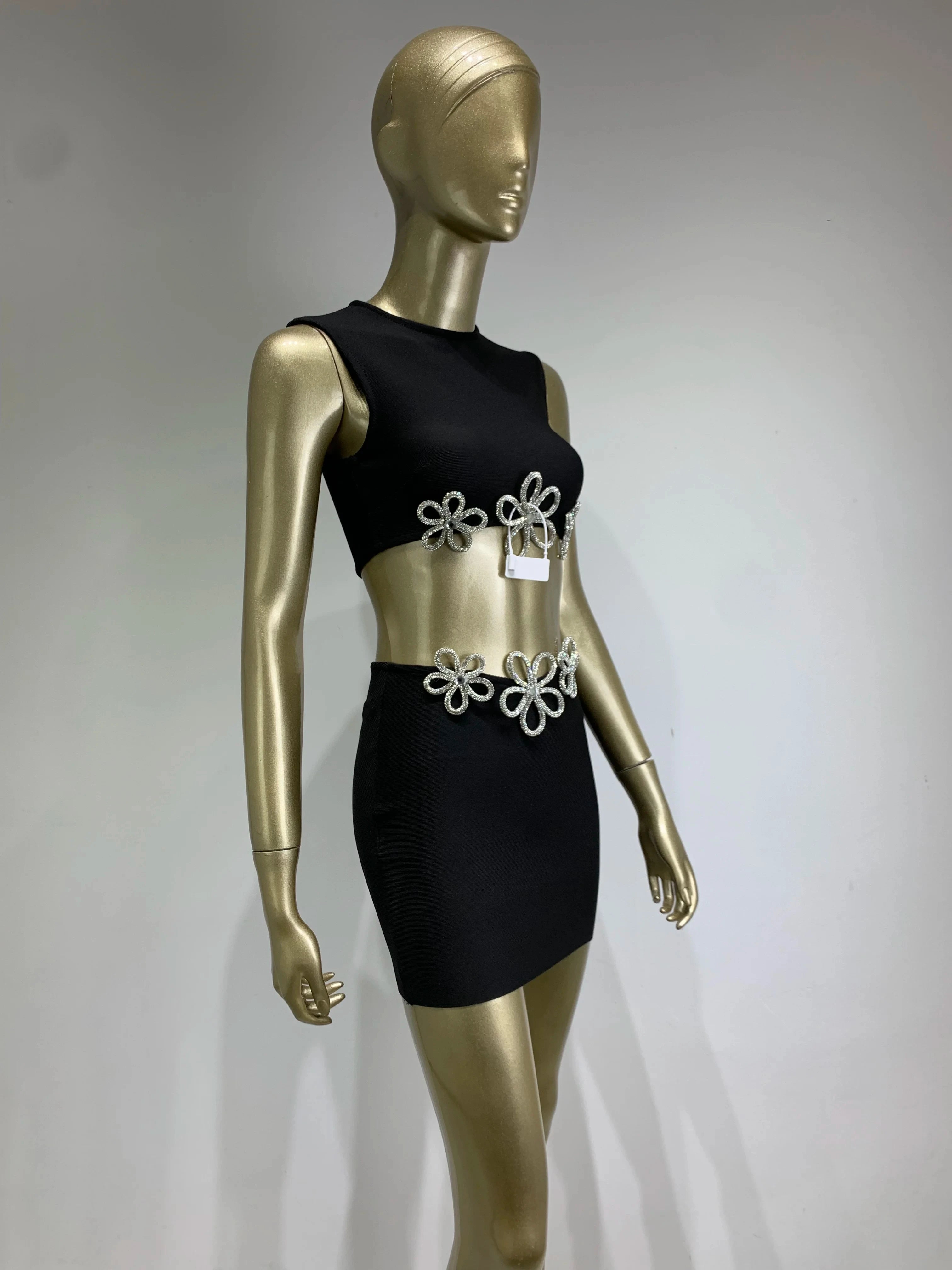 New Women Summer Celebrity Sexy Crytal Black Mini Bandage Skirt Suit Knitted Elegant Evening Club Party Two Pieces Set