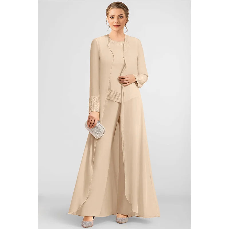 Flycurvy Plus Size Mother Of The Bride Apricot Sequin Embellishment Chiffon Wide Leg Three Piece Pant Suit Apricot