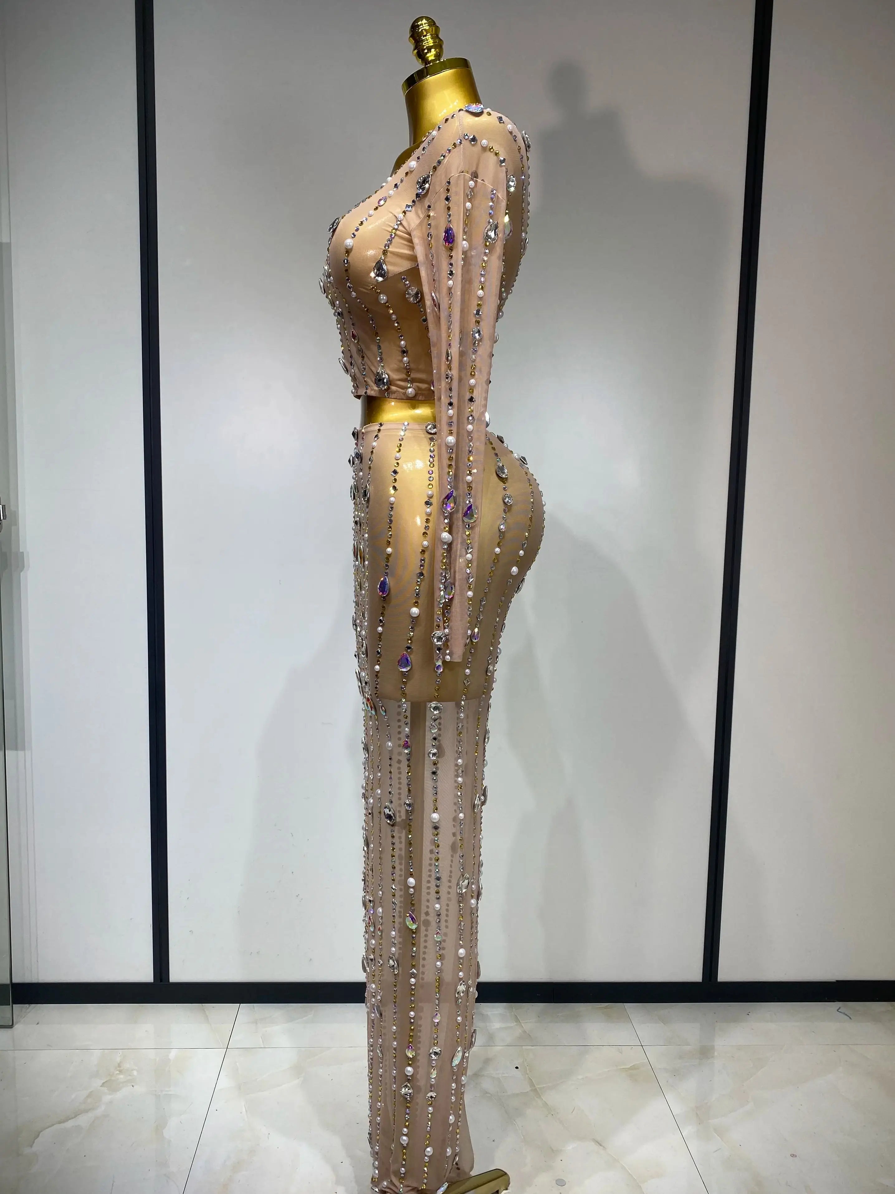 Women Sparkly Rhinestones Top Long Skirt Two Pieces Set Singer Dancer Nightclub Stage Performance Costume Luxury Birthday Dress