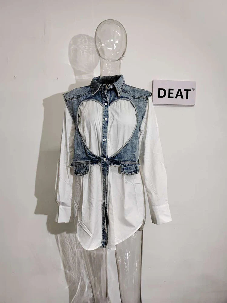 DEAT Fashion Women's Denim Shirt Lapel Loose Hollow Out Single Breasted Denim Splice Fake Two Pcs Blouse Summer New 17A8112 White