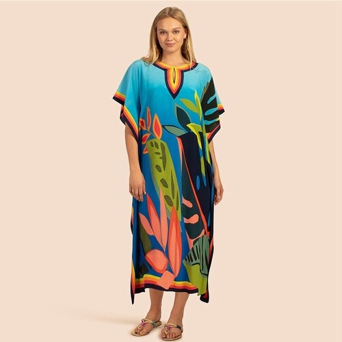 Printed Kaftans Beach Cover Up Seaside Maxi Bohemian Dresses Beachwear Pareo 10 One Size