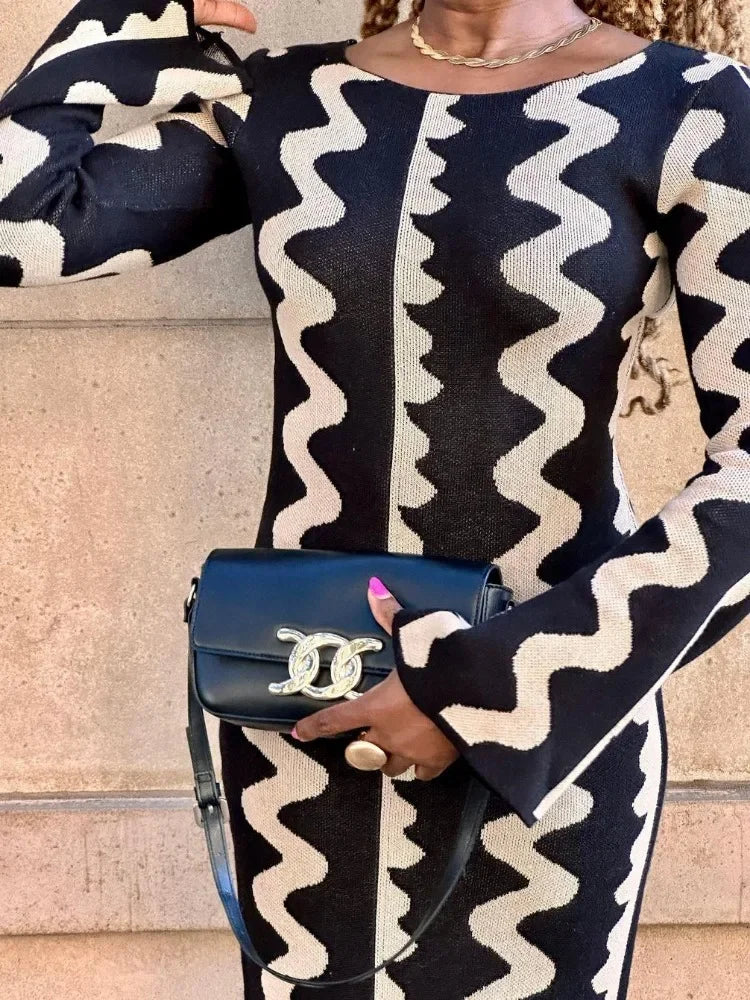 Tossy Striped Contrast Color Knit Maxi Bodycon Dress Boho High Waisted Hollow Out Slim Dresses Women Holiday Dresses Vestidos