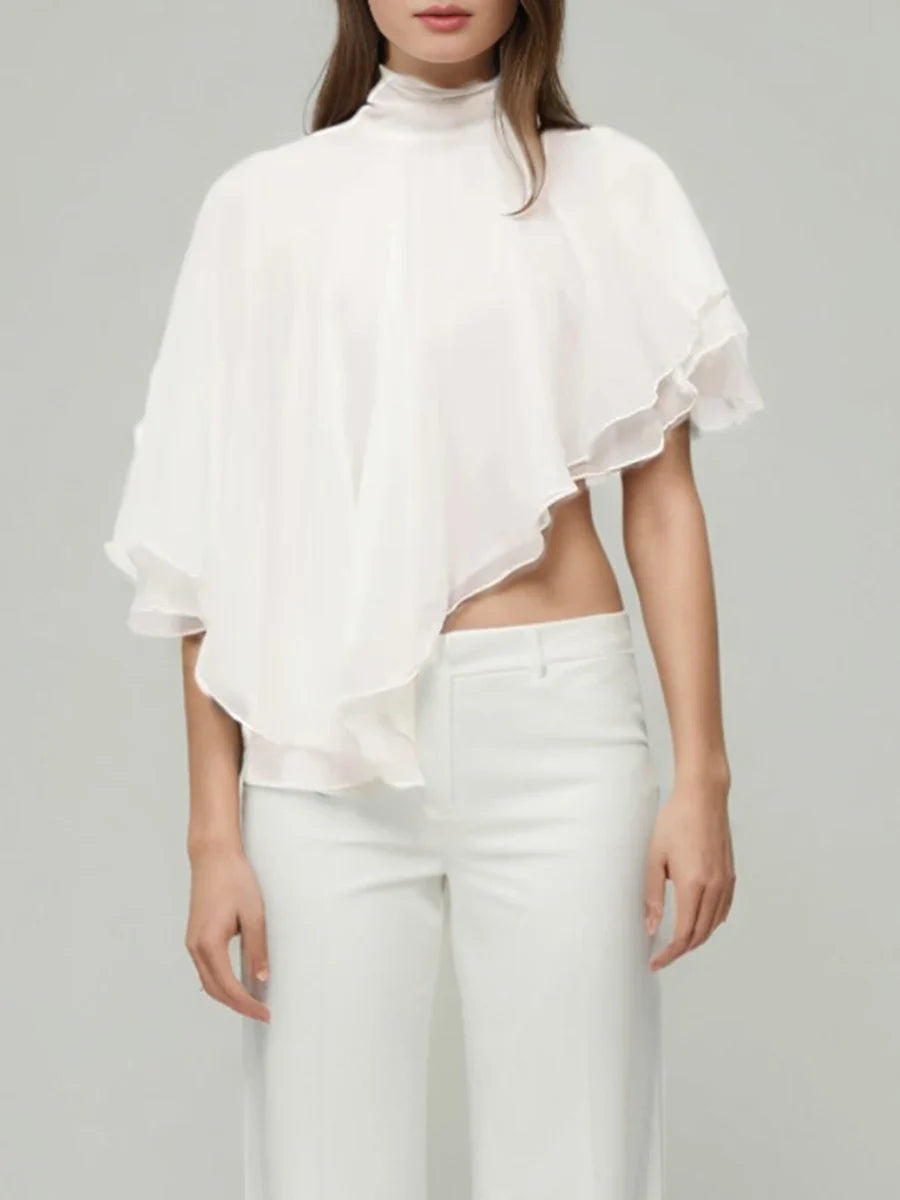 Solid Loose Spliced Lace Up Elegant Blouses for Women High Neck Sleeveless Irregular Blouse Female Fashion Clothing WHITE One Size