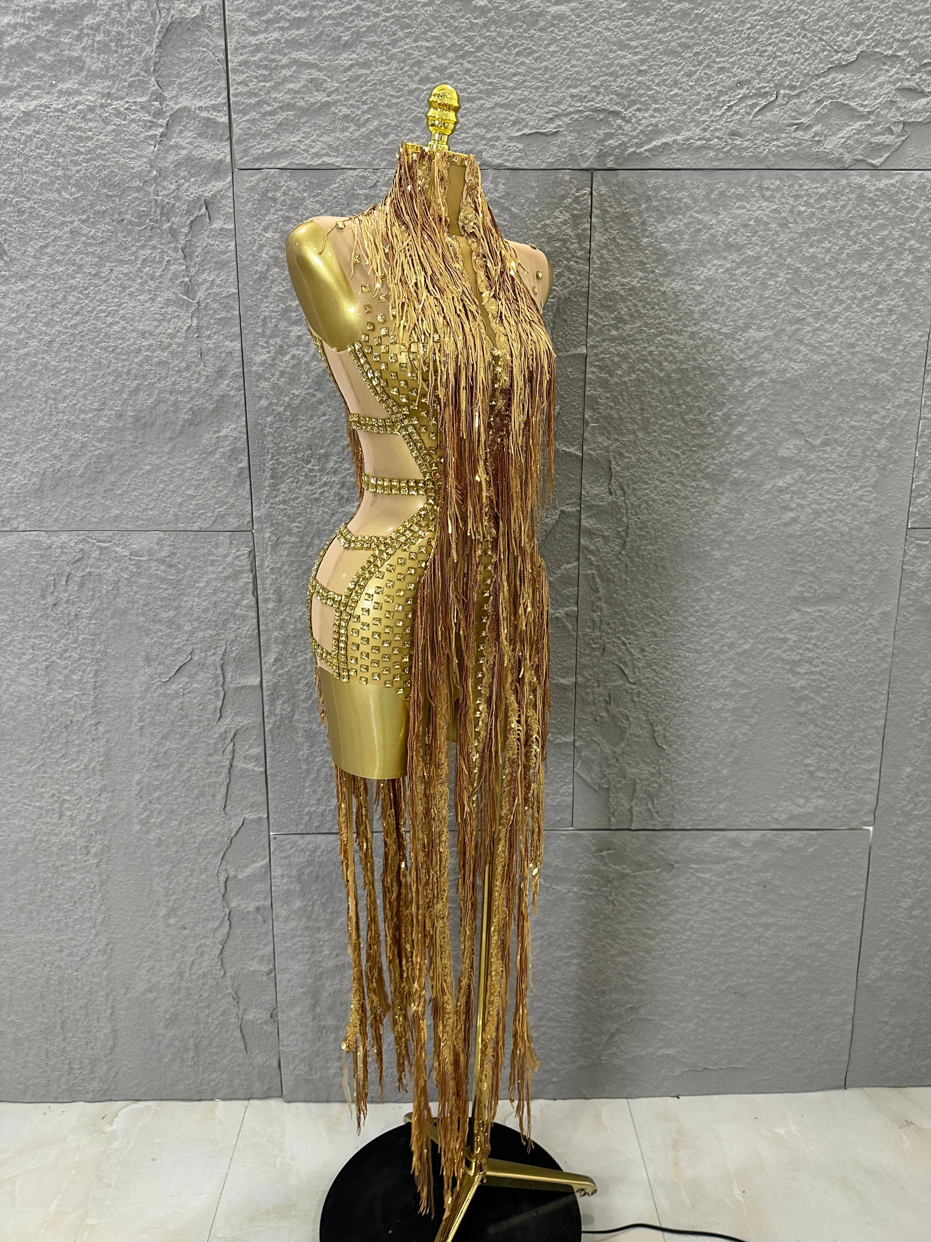 Opulent Gold Halter Neck Mini Dress Women Sexy Crystal Embellished Fringe Trim Form-Fitting Outfit Formal Event Party Costume