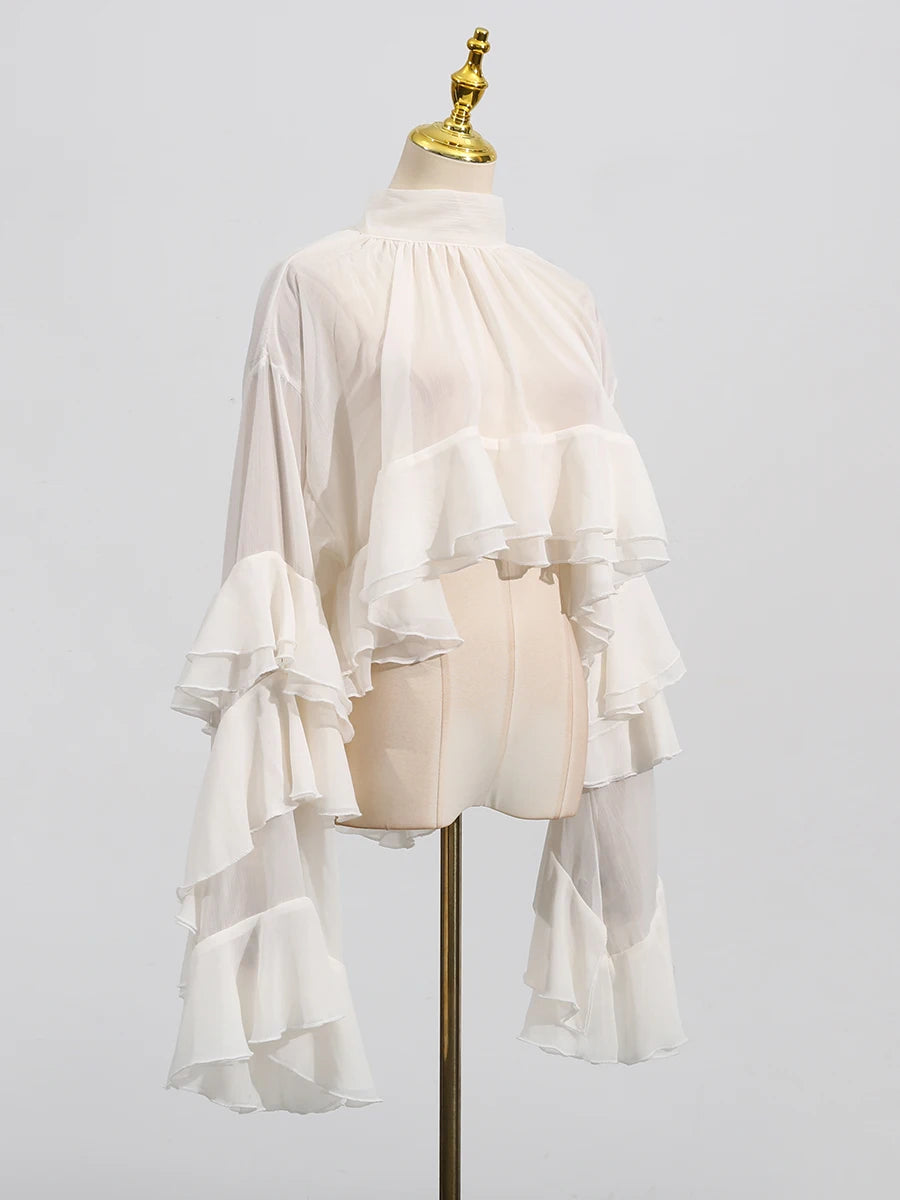 Solid Loose Sheer Blouses for Women High Neck Long Sleeves Patchwork Ruffles Folds Elegant Blouse Female Clothing