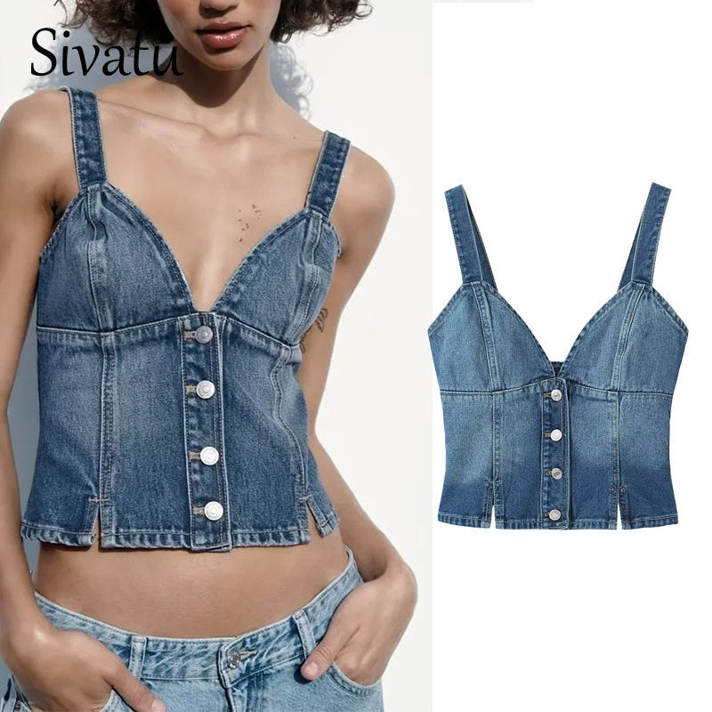 Traf Women's Corset Crop Top Y2k Streetwear Summer Women's Clothing - Vitage Denim Croo Top Women Vest 2023