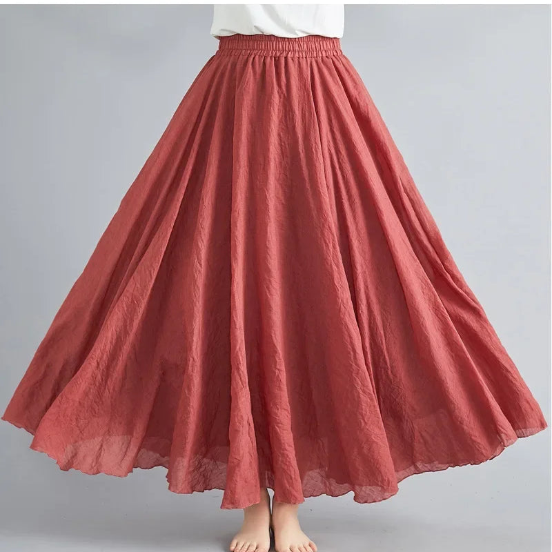 Fashion Cotton Linen Clothes Women Skirts Maxi Y2k Elegant Beach Saia Ropa Mujer Casual Vestido Boho Long Skirt Faldas Harajuku Rust red