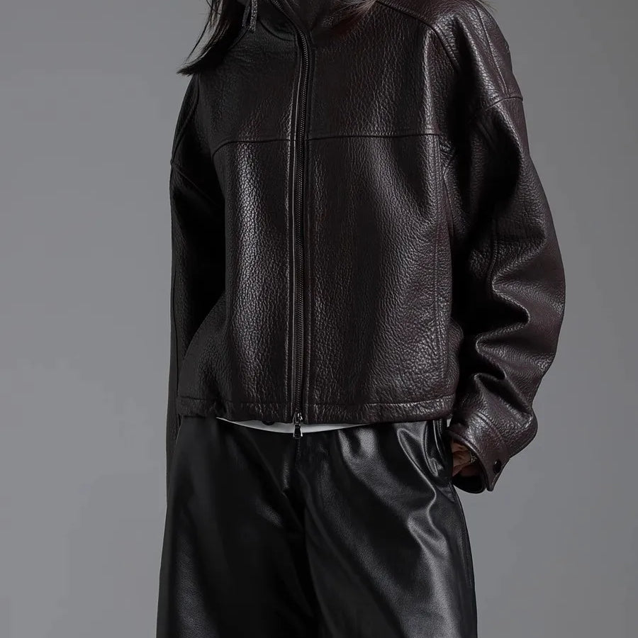 Lautaro Spring Autumn Cool Waterproof Short Brown Pu Leather Jacket Women with Long Raglan Sleeve Zip Up Luxury Designer Clothes