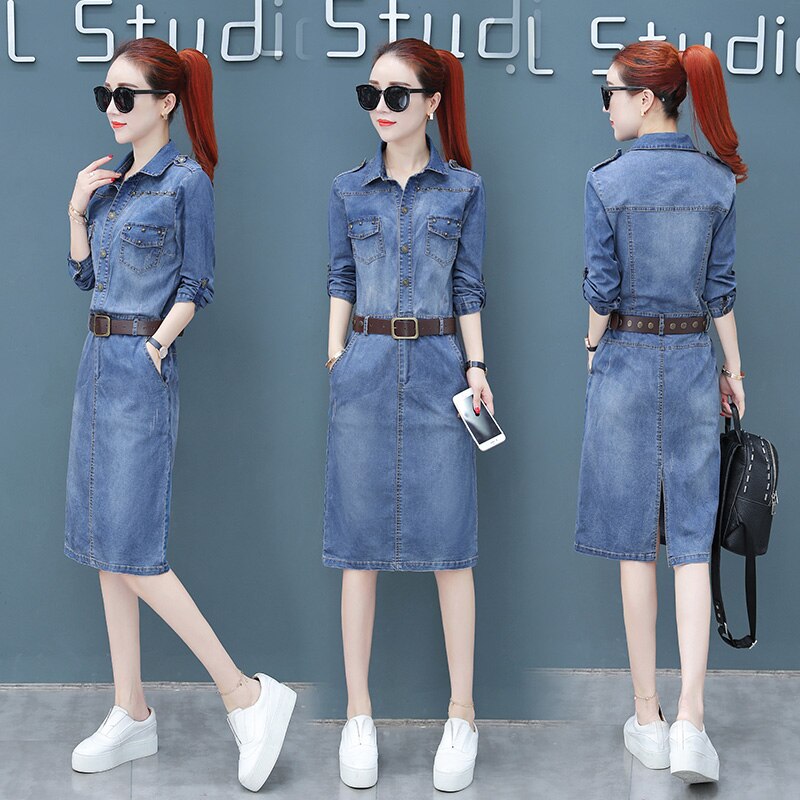 spring and fall Denim blue Rivet Knee-Length party dress women omighty shirt bodycon club dress