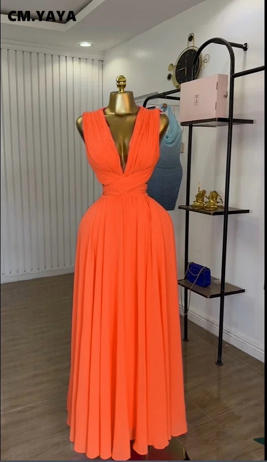 CM.YAYA Women Sleeveless Cutout Back Wrap V-neck Pleated A-line Chiffon Maxi Long Dress Birthday Vacation Sexy Party Dresses