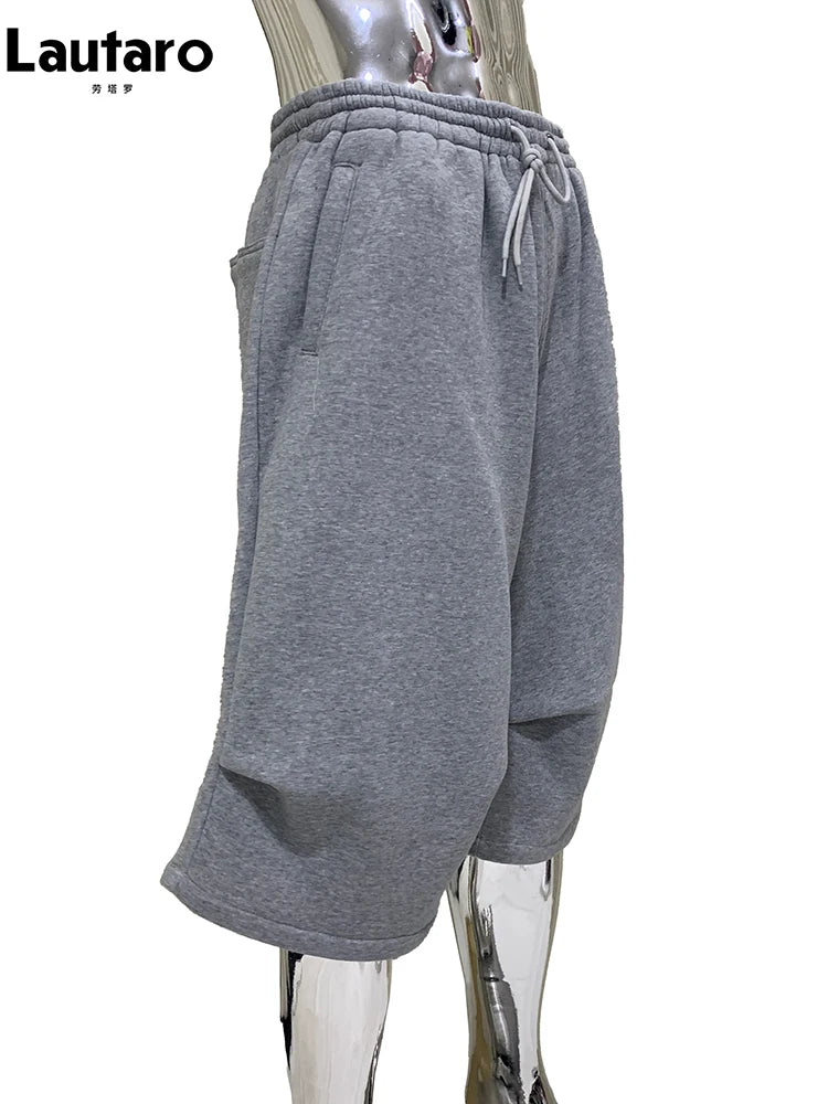 Lautaro Summer Autumn Loose Casual Soft Grey Wide Leg Shorts for Men Drawstring Elastic Waist Knee Length Sweatpants Pants 2025