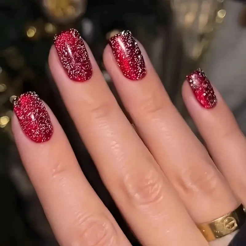 24pcs/set short medium fake nails square ballet tips new year red gradient colors with glitters faux ongles press on false nail 1799