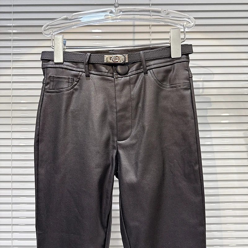 Winter New Fashion Silver Buckle Belt Slim Fit Pencil Pants For Women Black Versatile Boot Trousers Female 11A07922