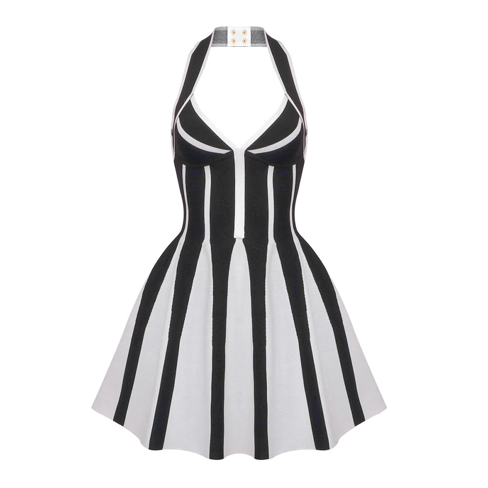 Jacquard Halter Short Dress Black and White Vertical Stripes Sleeveless Hanging Neck Pleated Knit Mini Lengh Cocktail Party D black