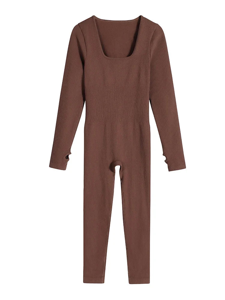Women Yoga Jumpsuits One Piece Workout Ribbed Long Sleeve Rompers Square Neck Sport Exercise Bodysuits Gym Sportswear Brown
