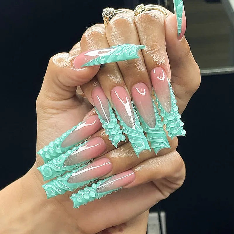 24Pcs Extra Long Square Press on False Nails with Butterfly Design Flowers Bow Pink Full Cover Nails Wearable Fake Nail Manicure 10-39