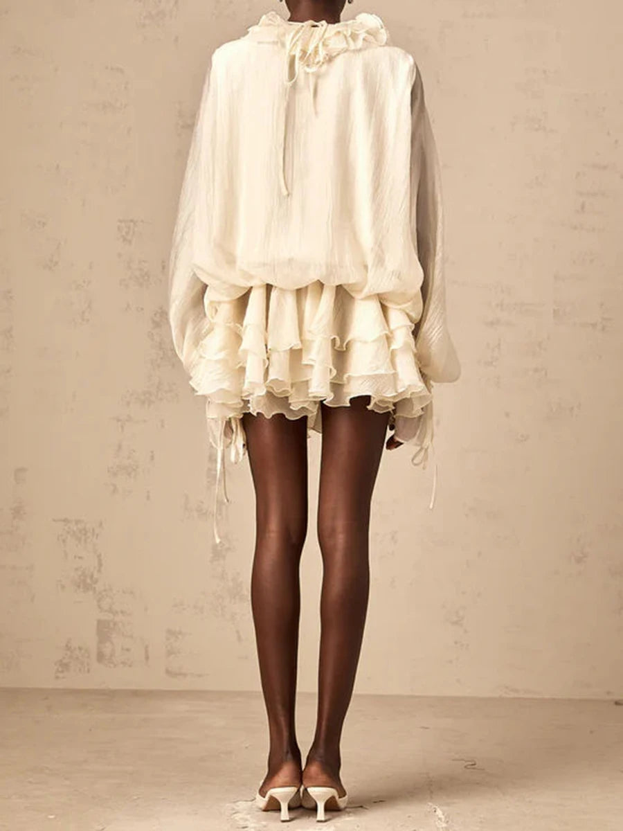 Solid Loose Spliced 3D Flowers Dresses for Women V Neck Long Sleeves Patchwork Ruffles Fold Dress Female Clothing