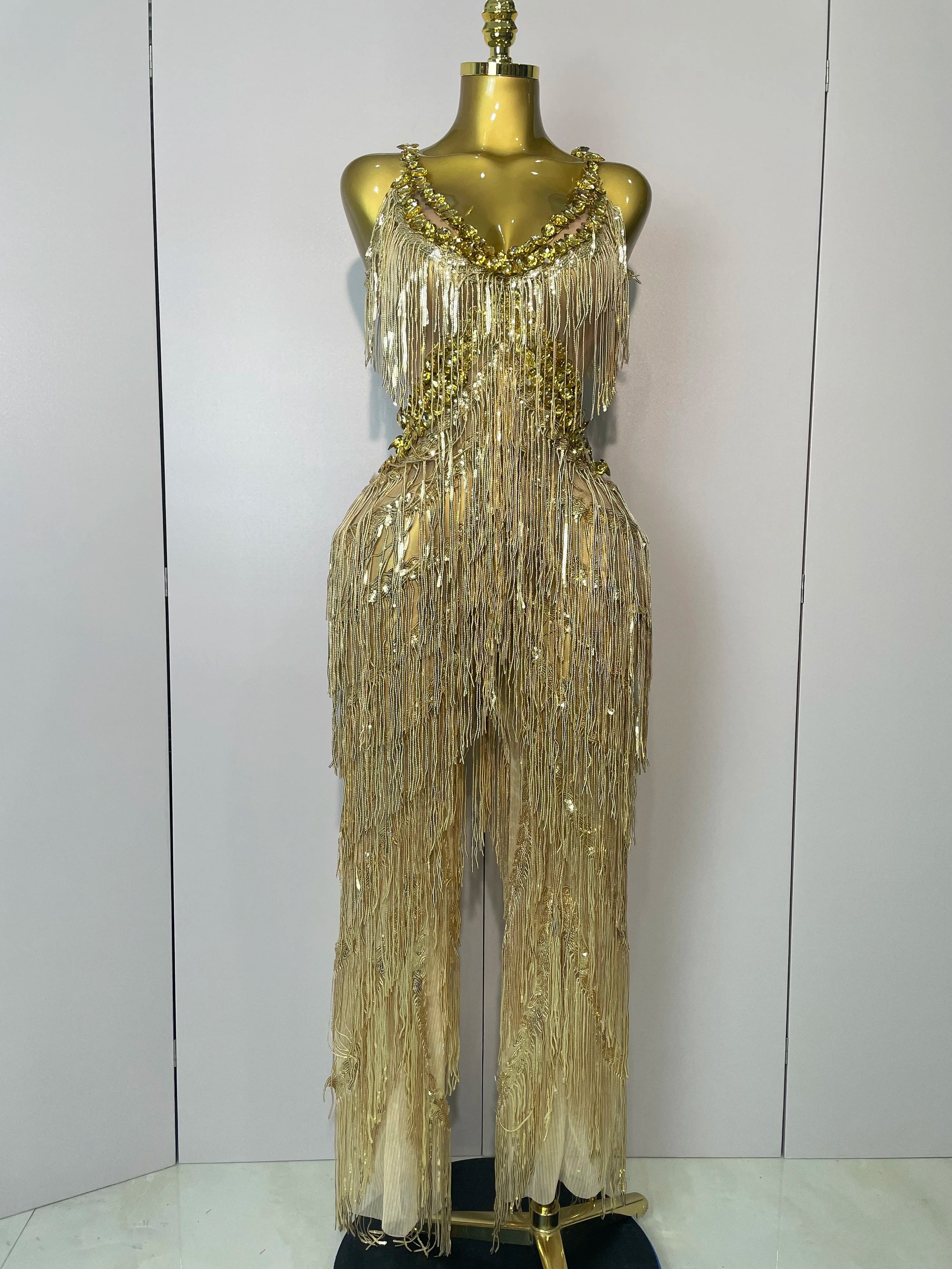 Shiny Gold Rhinestones Sequined Fringe Wide-leg jumpsuit 2025 Women Sexy Night Party Club Outfit Singer Stage Perform Costume Gold