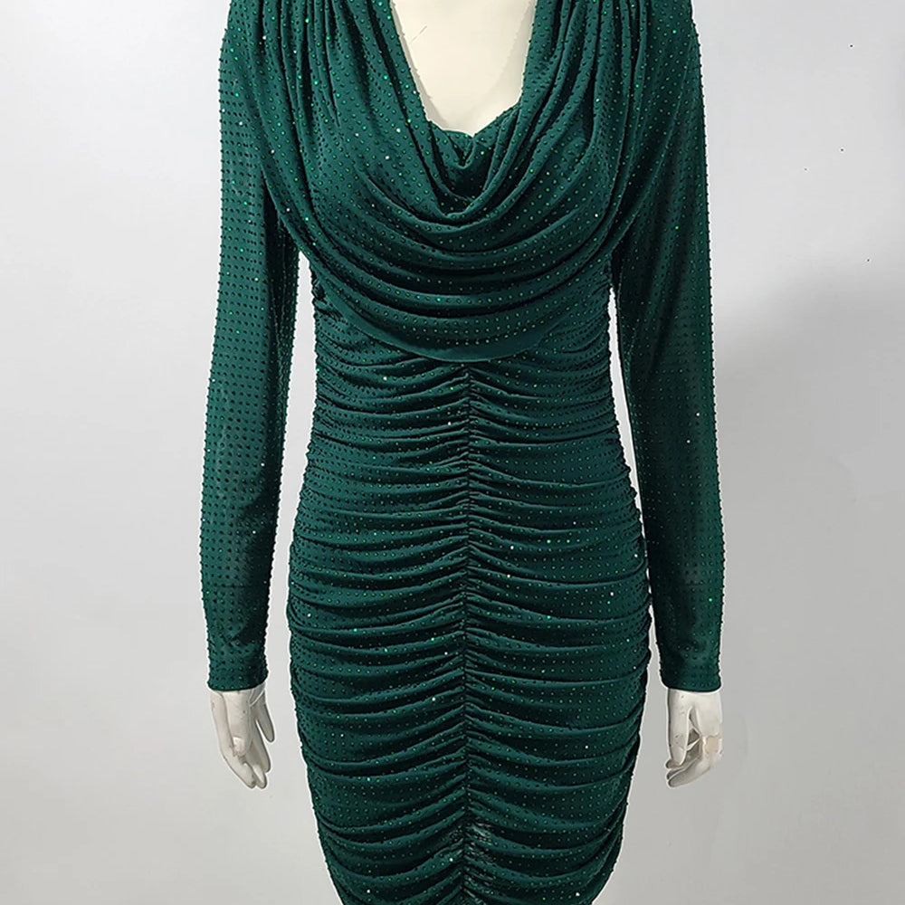 2025 New Rhinestone Long Sleeve Sexy Mini Dress For Women Fashion Shawl Collar Bodycon Club Dress Elegant Female Party Clothes