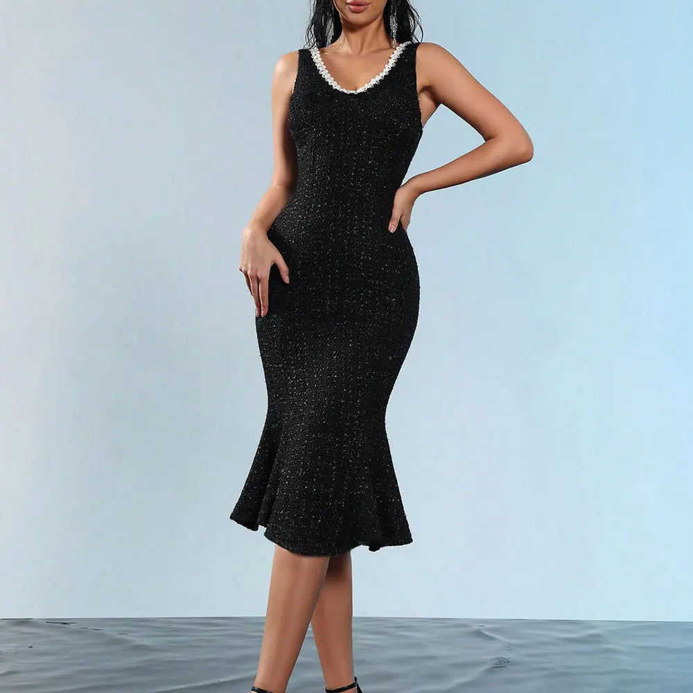 2025 Elegant Women's Nail Bead Design Fishtail Dress V-neck Sleeveless Bodycon Flute Dresses Cocktail Evening Party Vestidos