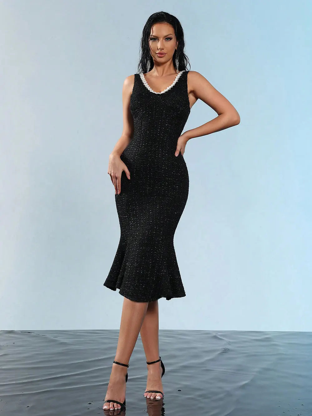 2025 Elegant Women's Nail Bead Design Fishtail Dress V-neck Sleeveless Bodycon Flute Dresses Cocktail Evening Party Vestidos